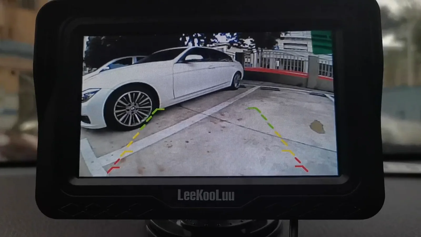 A reversing picture on a dash monitor as a car backs up